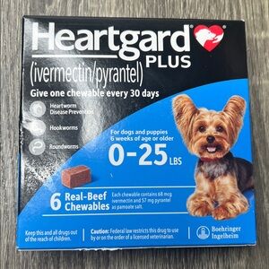 HEARTGARD PLUS Six (6) Real-Beef Chewable Monthly Doses Dogs 0-25lbs Ex 4/27 NIB